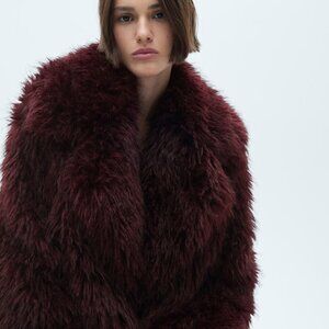 GORGEOUS Mango Burgundy Wine Fur-effect Jacket with Lapels Size Medium
